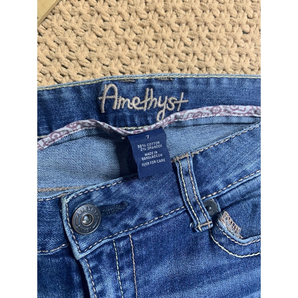 Women's 7 Amethyst Denim Blue Jeans Y2K Bootcut Embellished Pocket Distressed - Picture 5 of 8